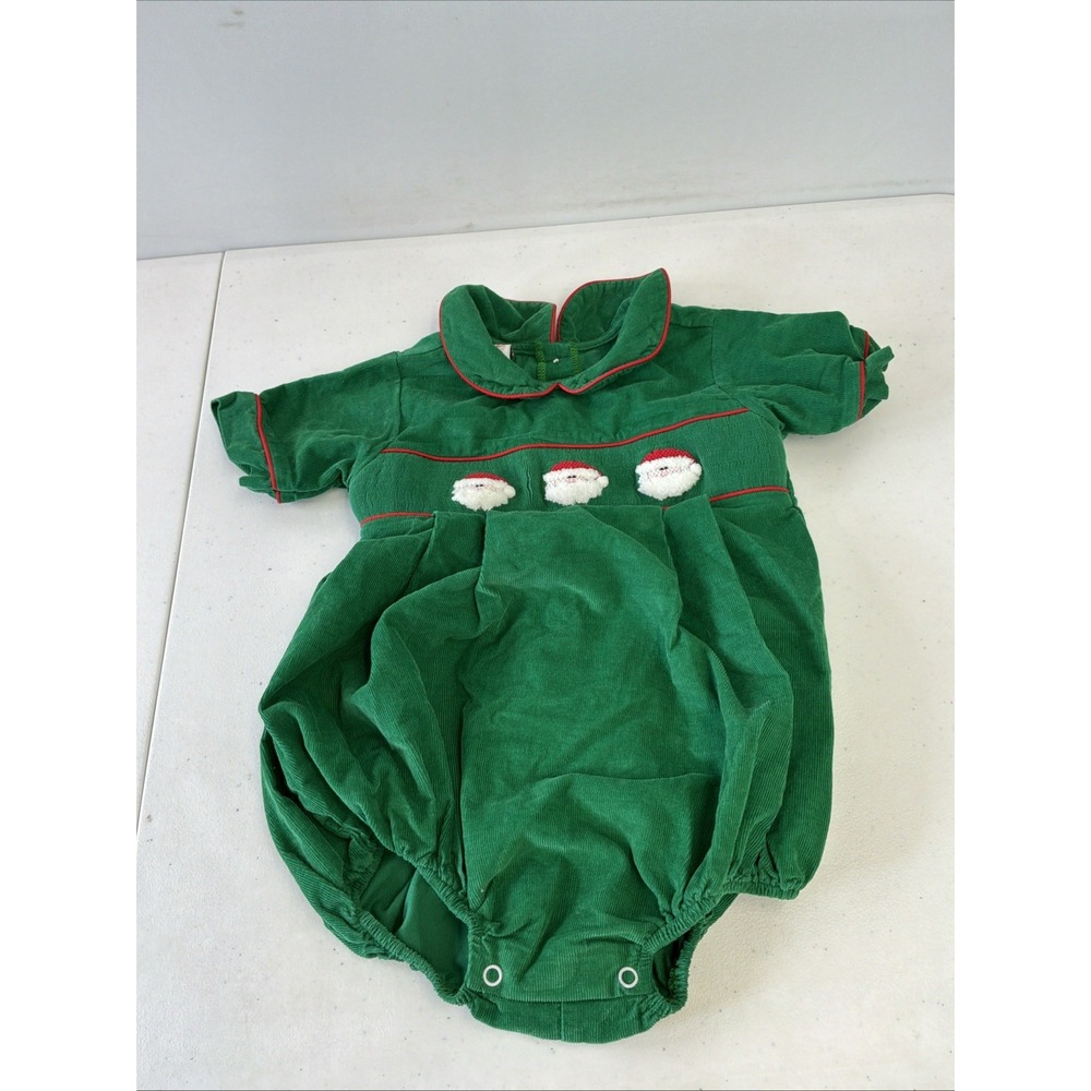 THE SMOCKING PLACE Green Corduroy Santa SMOCKED Bubble Romper Christmas 2T